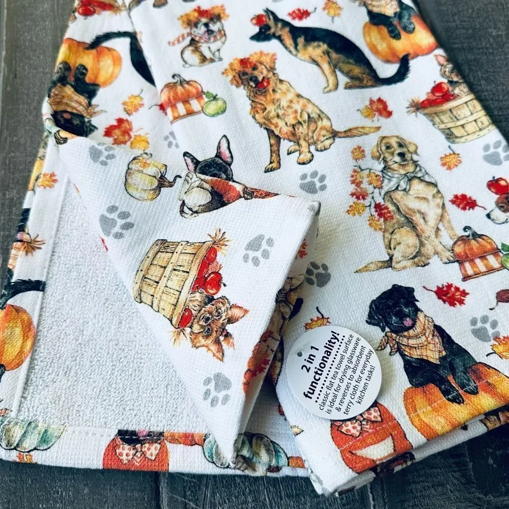 Fall Dogs Autumn Pumpkin Leaves Kitchen Dish Towels Set